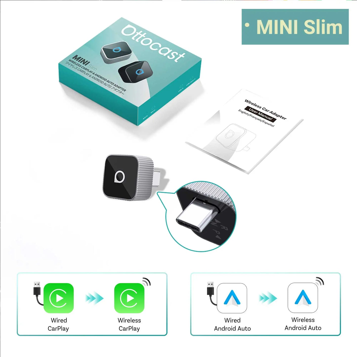 OTTOCAST Mini Slim Cube Wireless CarPlay Android Auto Adapter 2 in 1 USB AI Car Accessories for VW Haval Audi Kia Porsche Lexus