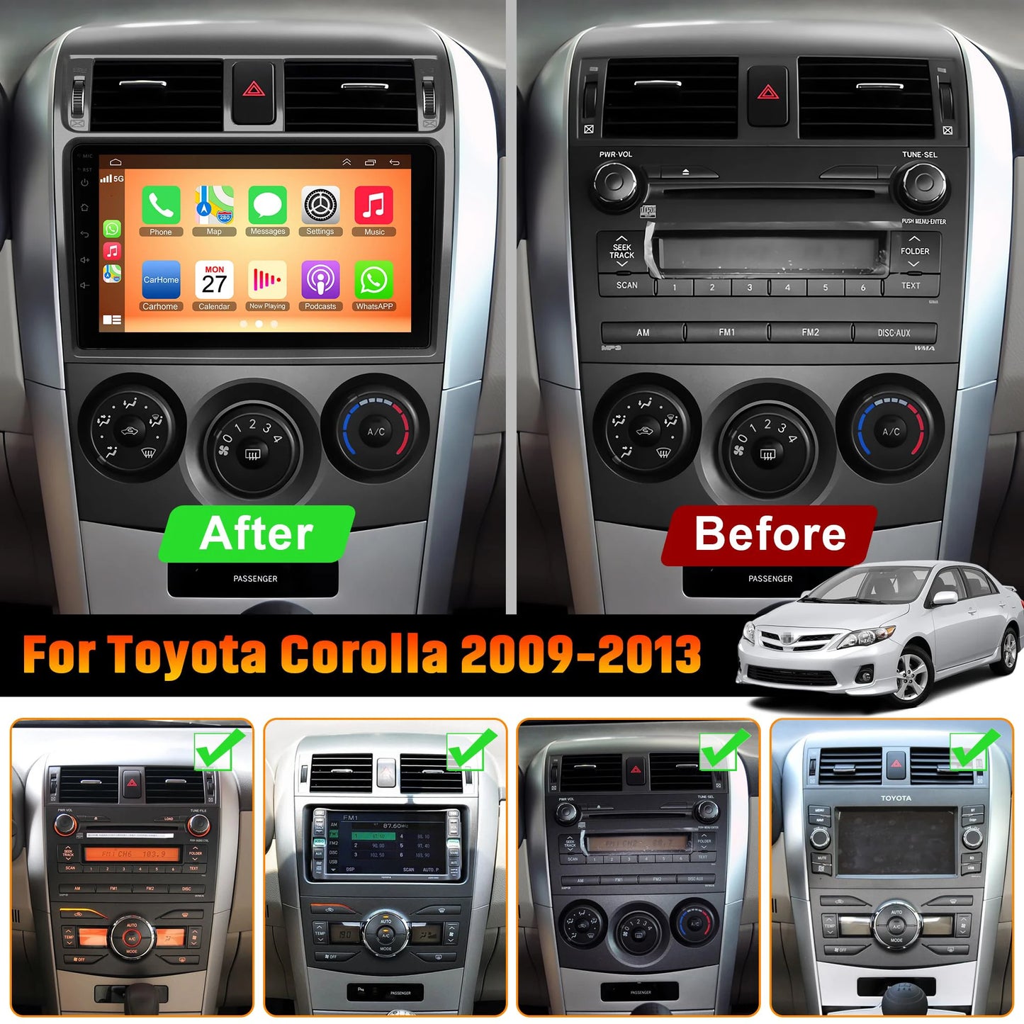 9" Car Stereo with Apple CarPlay & Android Auto, Compatible with Toyota Corolla (2009-2013)