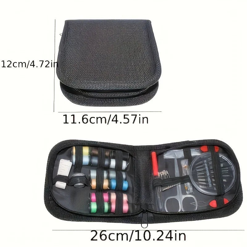 Portable Sewing Kit Thread, Needles, Buttons, Scissors, Compact Case for Travel, Home, Emergencies (Black,)