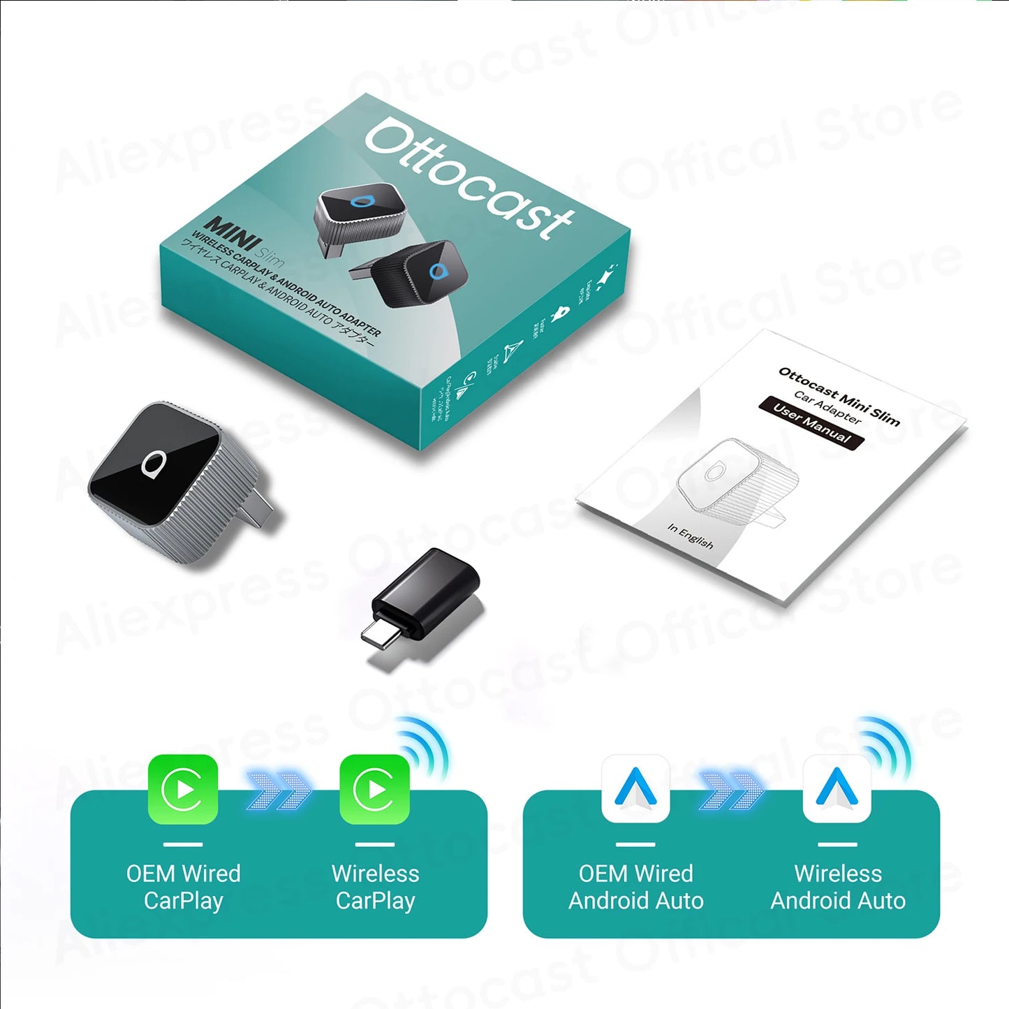 OTTOCAST MINI Slim Wireless CarPlay Android Auto Adapter 2 in 1 USB Dongle Car Accessories for VW Toyota Hyundai Kia Chevrolet