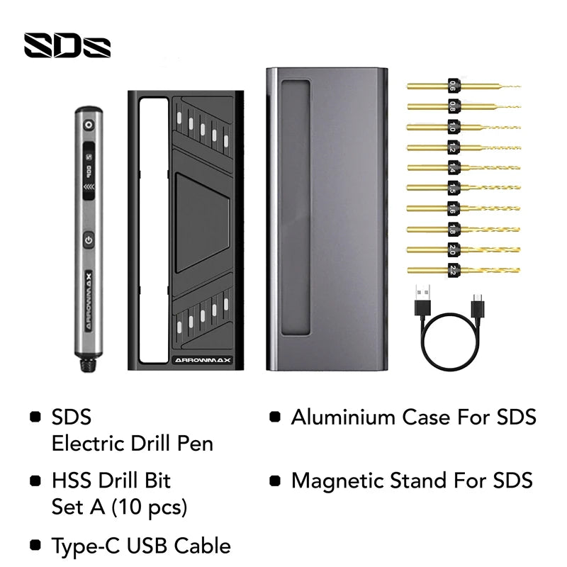 MMAlto ARROWMAX SDS Mini Precision Drill – Cordless Electric Micro Drill | 900RPM | 10 Titanium Bits | USB-C | For PCB, Wood, Metal, Plastic DIY