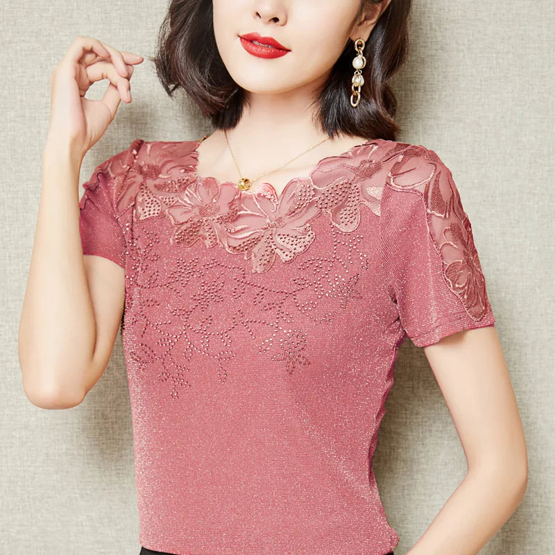 Lace Embroidery Mesh Top – Plus-Size Short-Sleeve Tee M-5XL