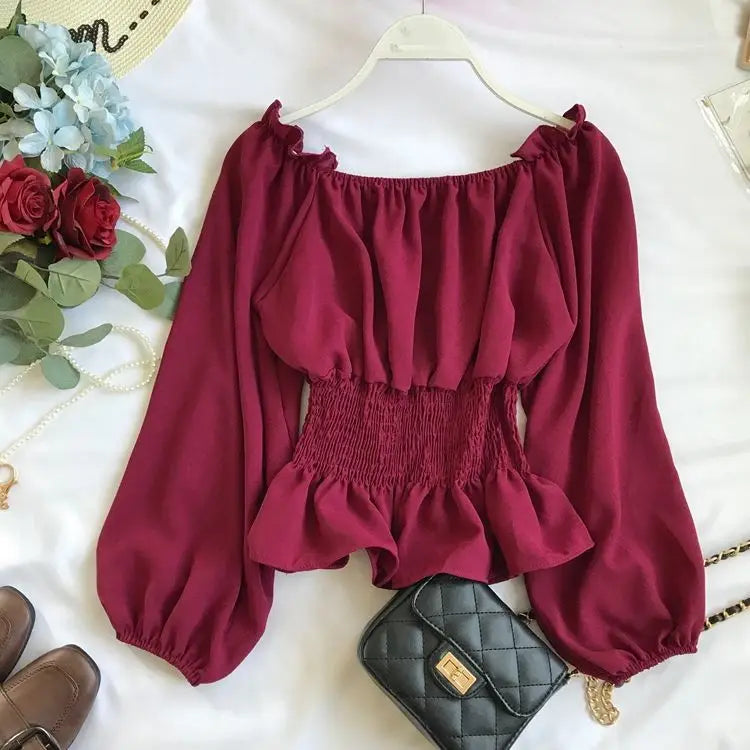 Youth Elegant Blouse Women Chiffon Fashion Blouse Off Shoulder White Shirt Ruffle Puff Sleeve Top Office wear 2026