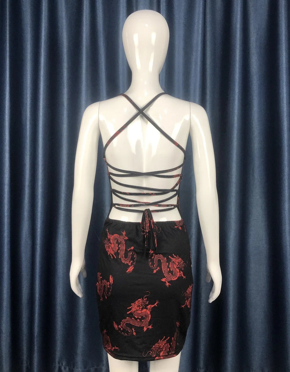 Puloru Chic Dragon Print Spaghetti Strap Mini Sundress Sexy Women's Backless Cross Straps Sheath Dress Party Club Streetwear