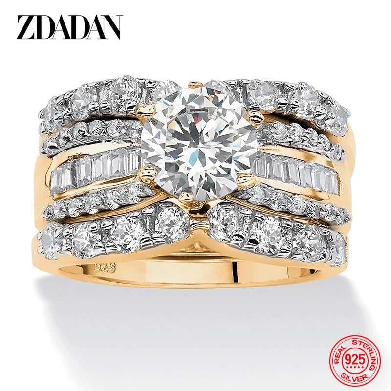 925 Silver 3-Piece Zircon Ring Set – 18K Gold Geometric Stack