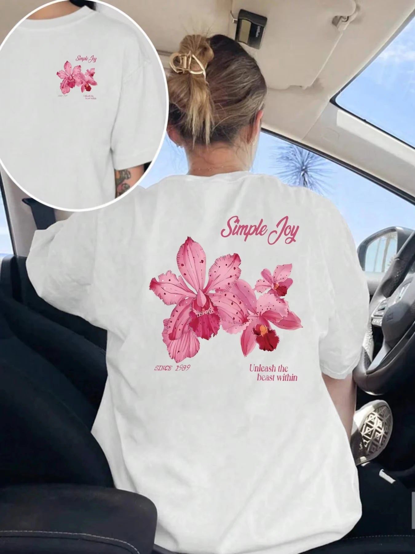 Women's Pink Orchid Print T-Shirt Sleeve Round Neck Top Summer Style T-shirt Comfortable Women's Clothing Top Aesthetic Clothes