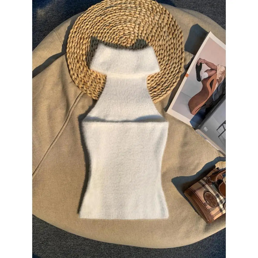 Spice Girl Hair Halter Neck Camisole Female Imitation Mink Inside Tank Top Autumn and Winter Design Sense Knitted Bandeau Top