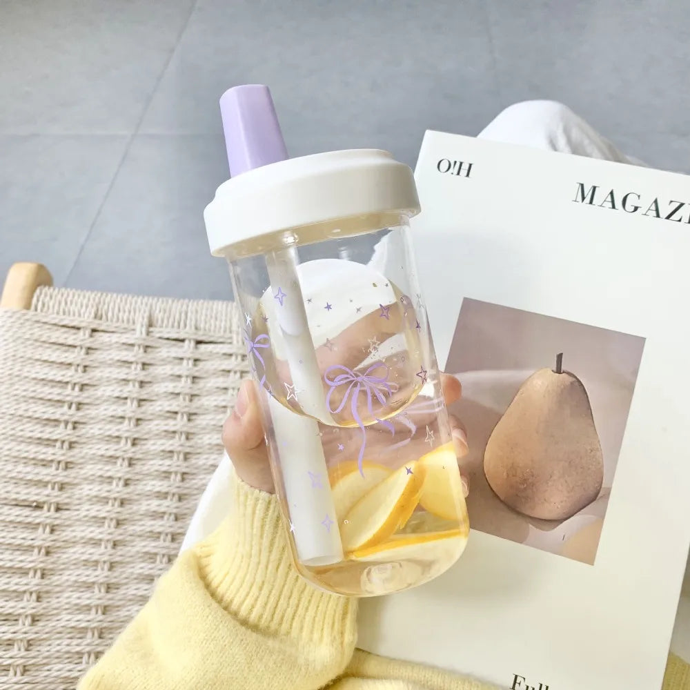 Cute Bowknot 500/700ml Water Bottles Juice Milk Plastic Cup with Lid Straw Bubble Tea Coffee Cups Large Capacity Drinkware