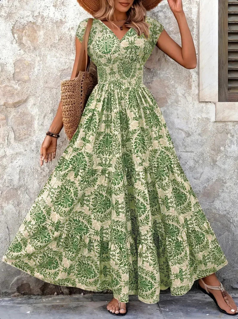 Women's Vintage Floral Print Maxi Dress – Elegant V-Neck Short-Sleeve Floor-Length Gown