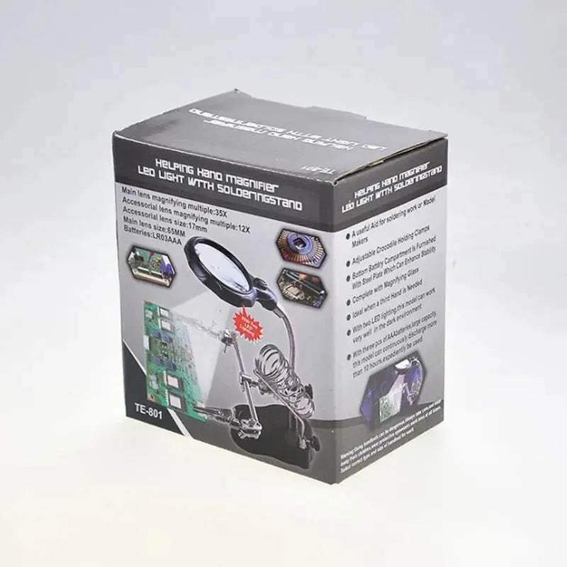 3.5X 12X Helping Hands Third Hand Soldering Iron Welding Stand Station with 2 LED Clip Welding Magnifier Magnifying Glass