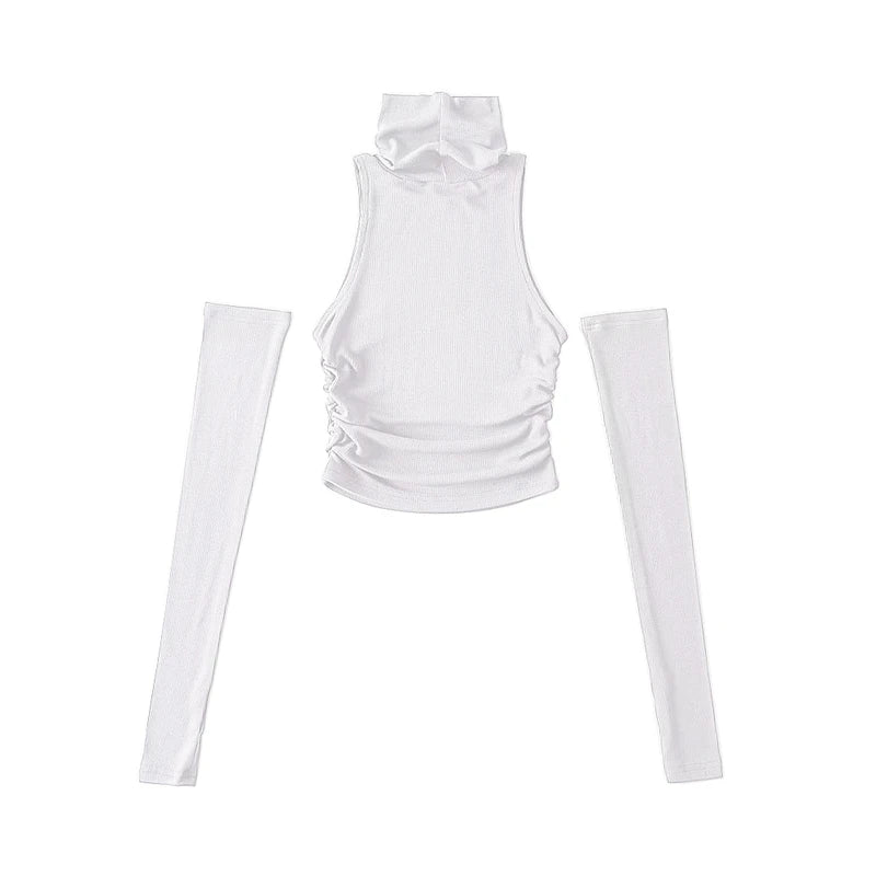 Woman Clothes Fall 2026 Tank Top Sleeve Cover Sleevless Side Pleats Turtleneck T-shirt Sexy Ribbed Knitted Tops Y2k 2529