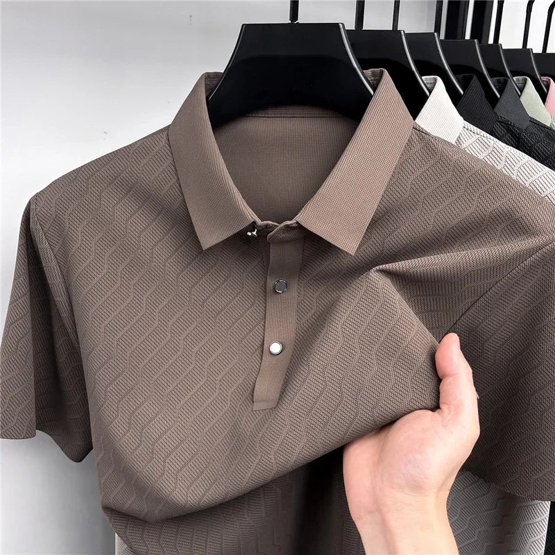 Men's Hollow-Mesh Polo - Wave Pattern, Slim Elastic Business Fit