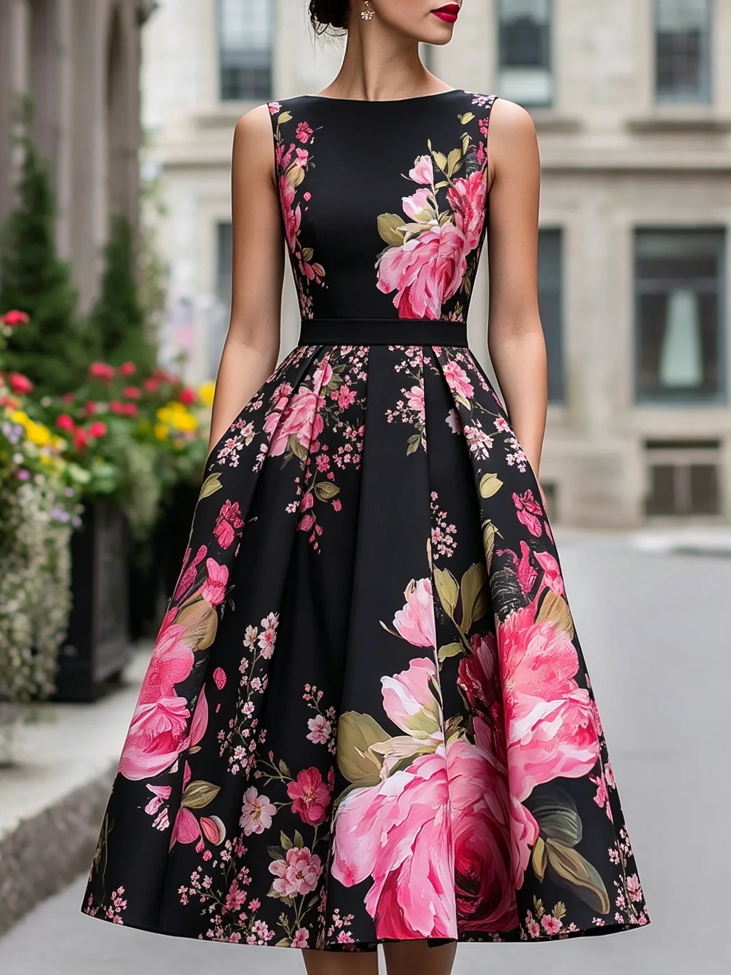 Women's Summer Floral Print Midi Dress Versatile Sleeveless A-Line Pleated Fashion Elegant Casual Swing Dress for Daily Clothing