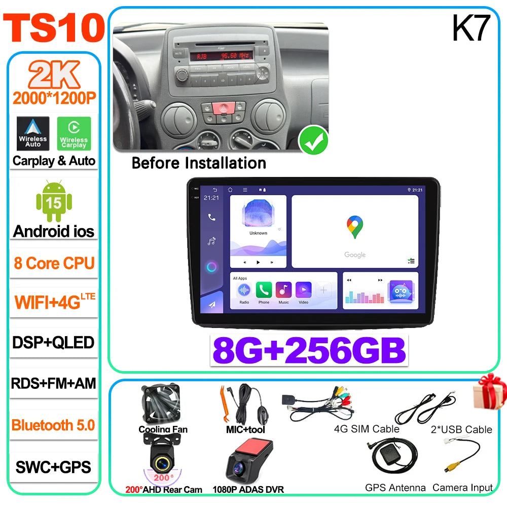 Car Stereo with Apple CarPlay & Android Auto, Compatible with Fiat Panda 169 (2003-2012)