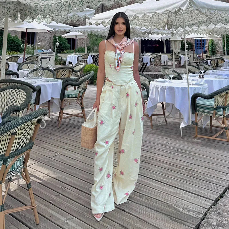 Boho Side-Cutout Cami & Wide-Leg Pants Set for Women