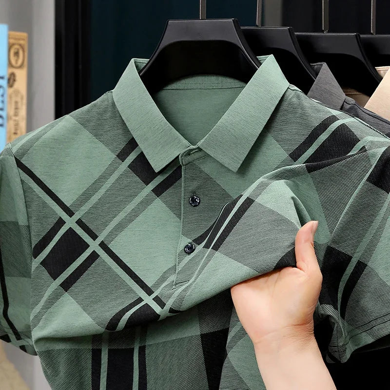 Men's Plaid Polo - Soft Elastic Woven, Retro Oversized Grid