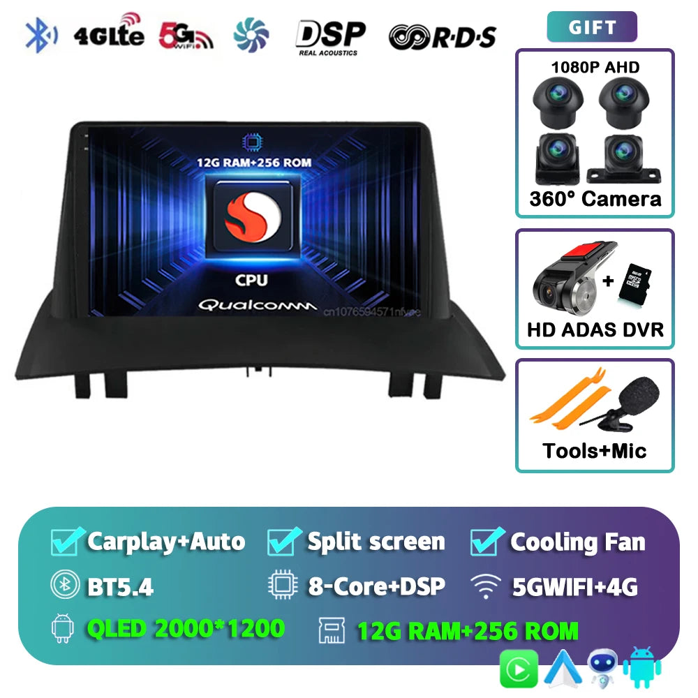 Android 16 For Renault Megane 2 2002-2009 2K QLED Android Car Radio Multimedia Video Player GPS Stereo CarPlay 4G Navigationv BT
