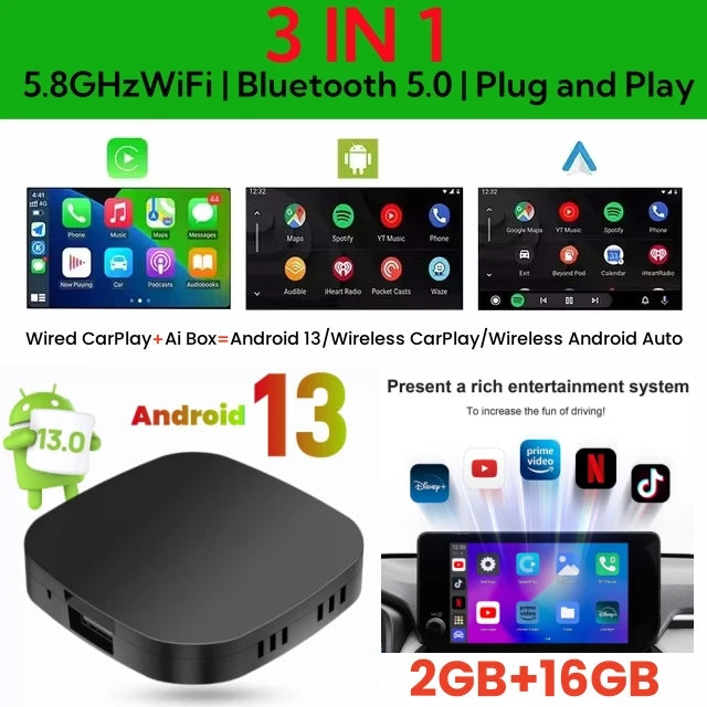 Android 13 CarPlay AI Box — Wireless CarPlay & Android Auto Adapter with Streaming App Support