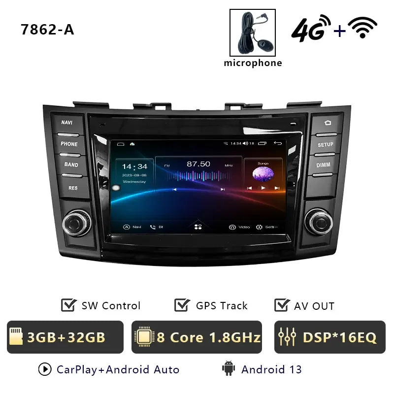 Android Car Stereo for Suzuki Swift 4 (2011–2016) — Wireless CarPlay, Android Auto, GPS, 4G, WiFi