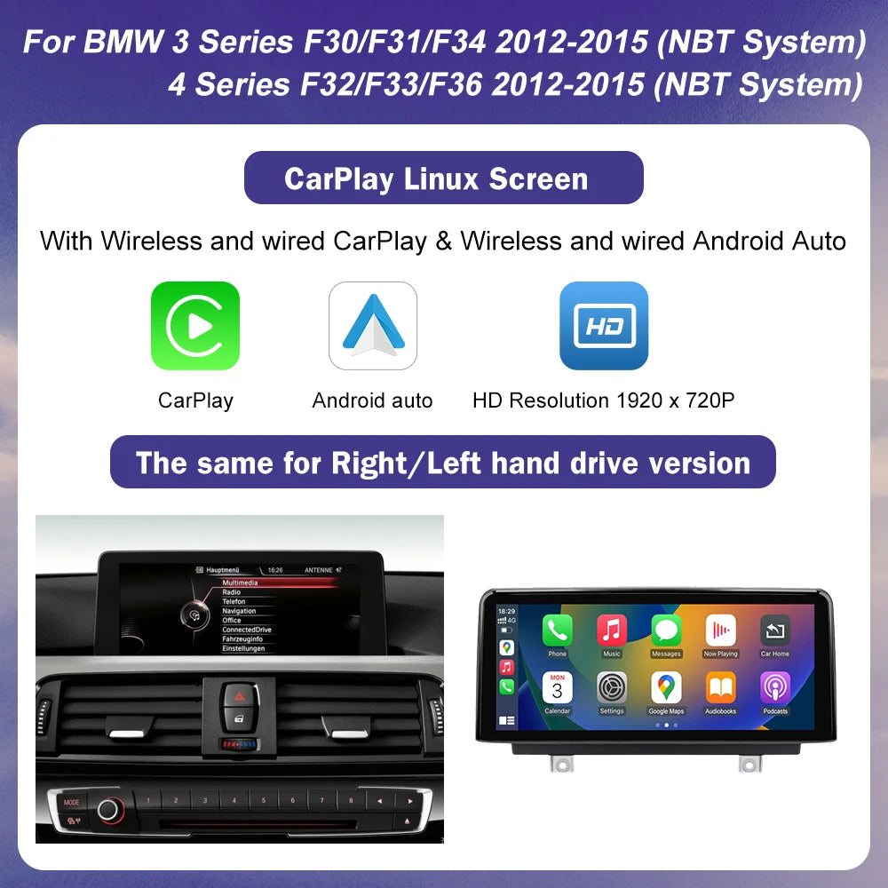 1920*720 Multimedia Touch Screen For BMW 1/2/3/4 Series F20/F21/F22/F30/F31 F33 F34 F36 Android Auto NBT System Wireless Carplay