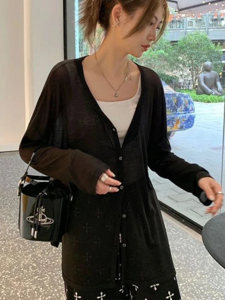 Women's Lightweight V-Neck Cardigan Coat - Loose Knit Jacket - photo 9