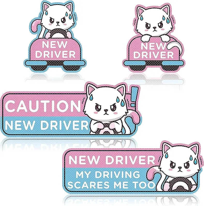 Cartoon Cat Student Driver Car Magnet – Cute Reflective New Driver Safety Bumper Sticker (Reusable)