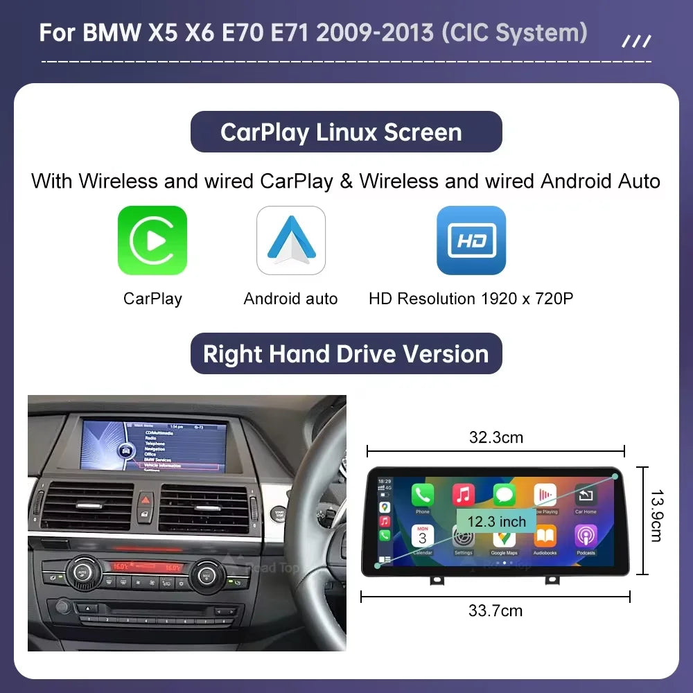Wireless CarPlay & Android Auto Display Screen, Compatible with BMW X5 E70 & X6 E71 (CCC/CIC)