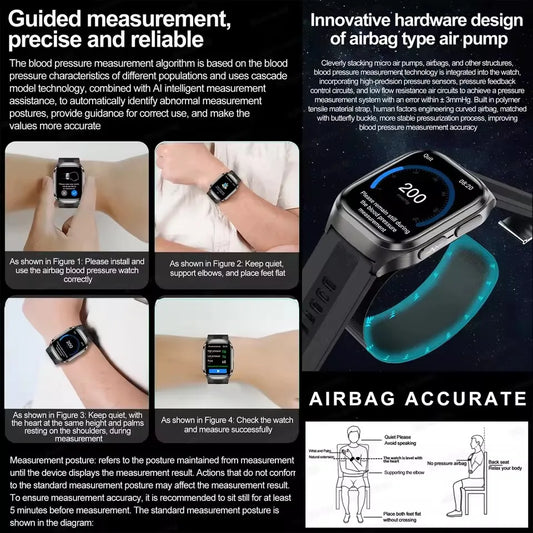 2026 AI Airbag Blood Pressure Health Smartwatch – Uric Acid, ECG & Lipids | Men & Women