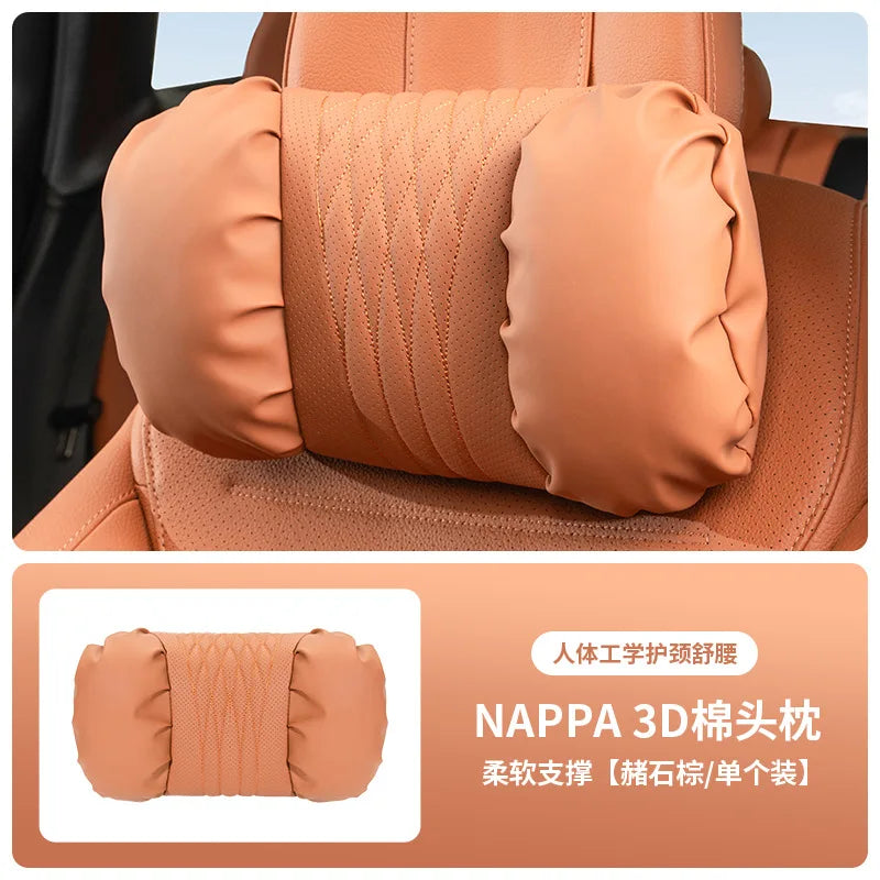 Nappa Leather Car Headrest & Lumbar Support Cushion Set