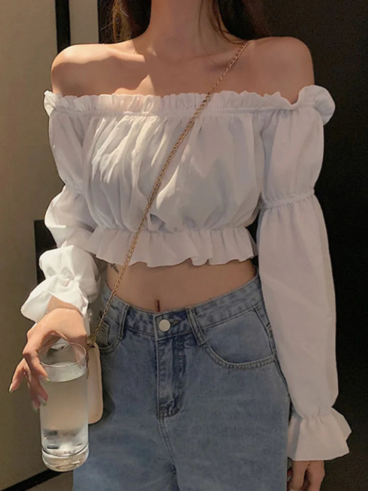 MMAlto Women's Off Shoulder Puff Sleeve Crop Top – Solid Color Ruffle Blouse for Summer