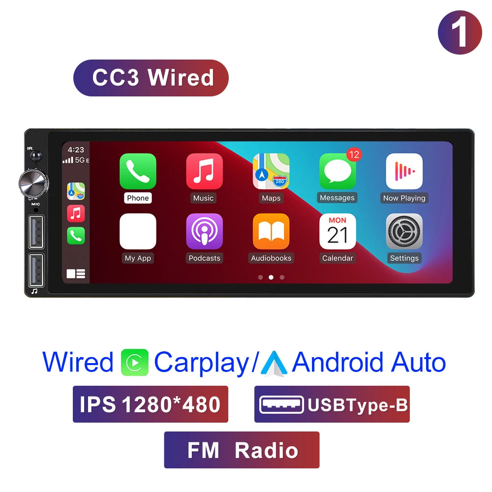 6.9" 1 DIN Universal Car Stereo with Apple CarPlay & Android Auto (MP5)