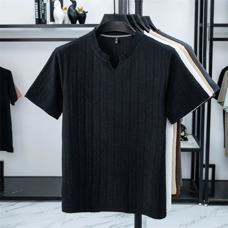 Men's Bubble-Texture Tee - Split Collar, Soft Anti-Wrinkle Stretch