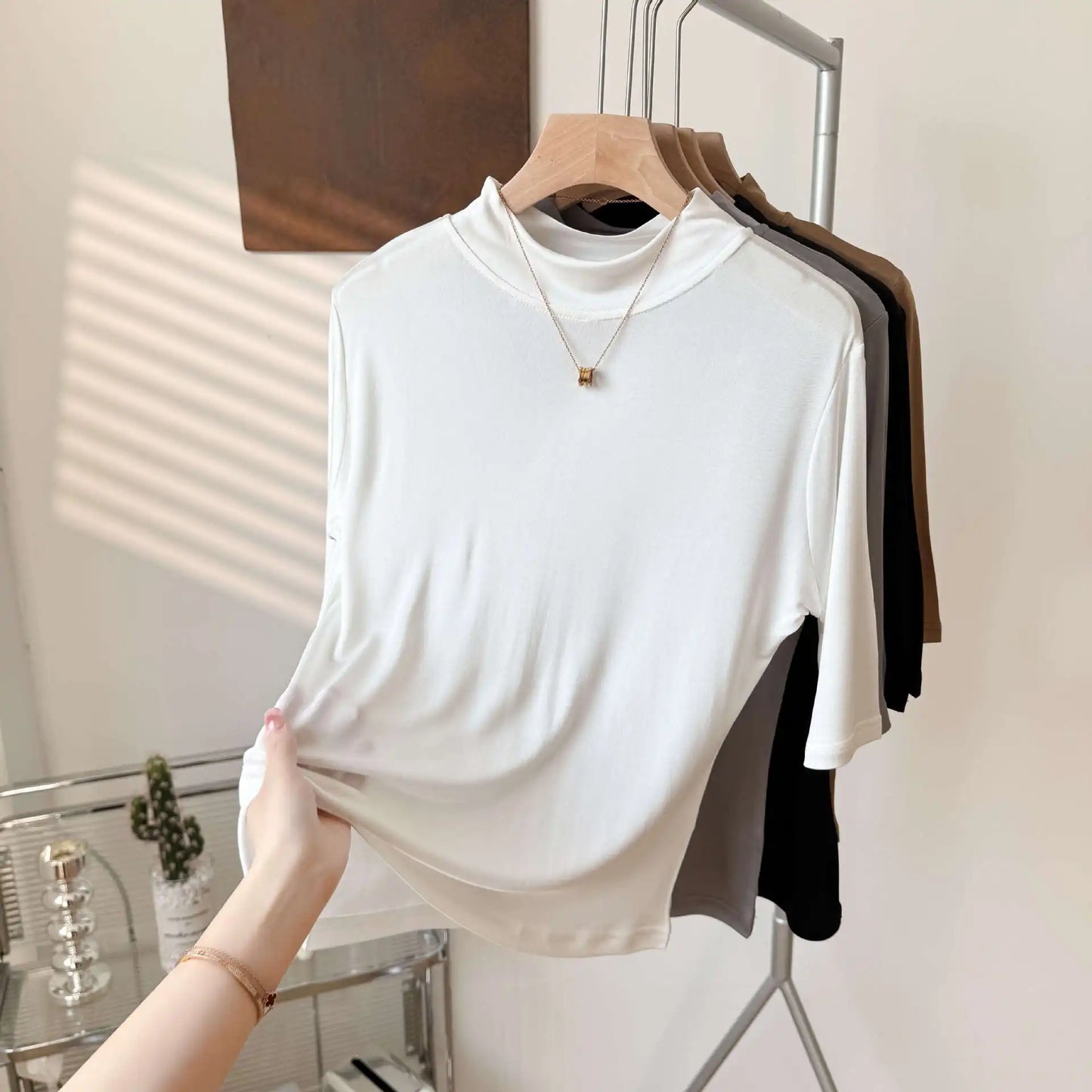 Yuyue's 100% Mulberry Silk Basic Women's T-shirt Solid Color Large Size Half Crew Neck Mulberry Silk Top Mid-sleeve Base Shirt