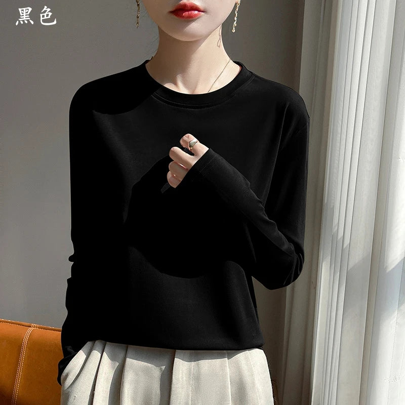 Spring And Summer New Mercerized Cotton Long Sleeve T-shirt Women's Round Neck Loose 100% Cotton Bottoming T-shirt