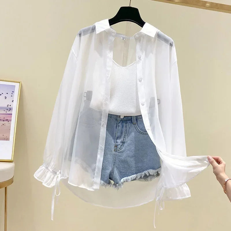 Women's Chiffon Button-Up Blouse — Bow Lace-Up Long-Sleeve Shirt