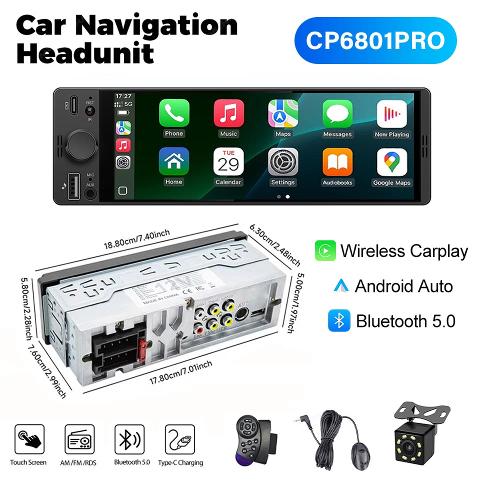 6.86" 1-DIN Universal Car Stereo — Wireless CarPlay, Android Auto, Bluetooth, USB/AUX