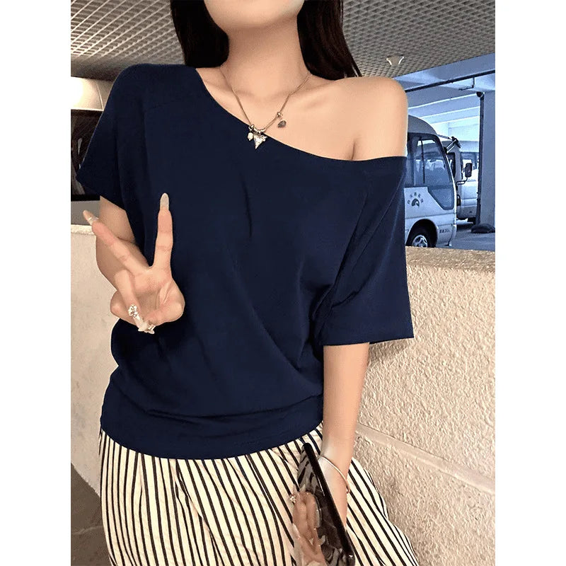 Women's Solid Skew-Collar T-Shirt — Slim-Fit Short-Sleeve Summer Tee