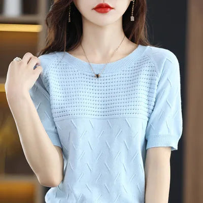100% cotton short sleeve 2023 summer new women's round neck pullover loose knit solid color top casual vest fashion T-shirt