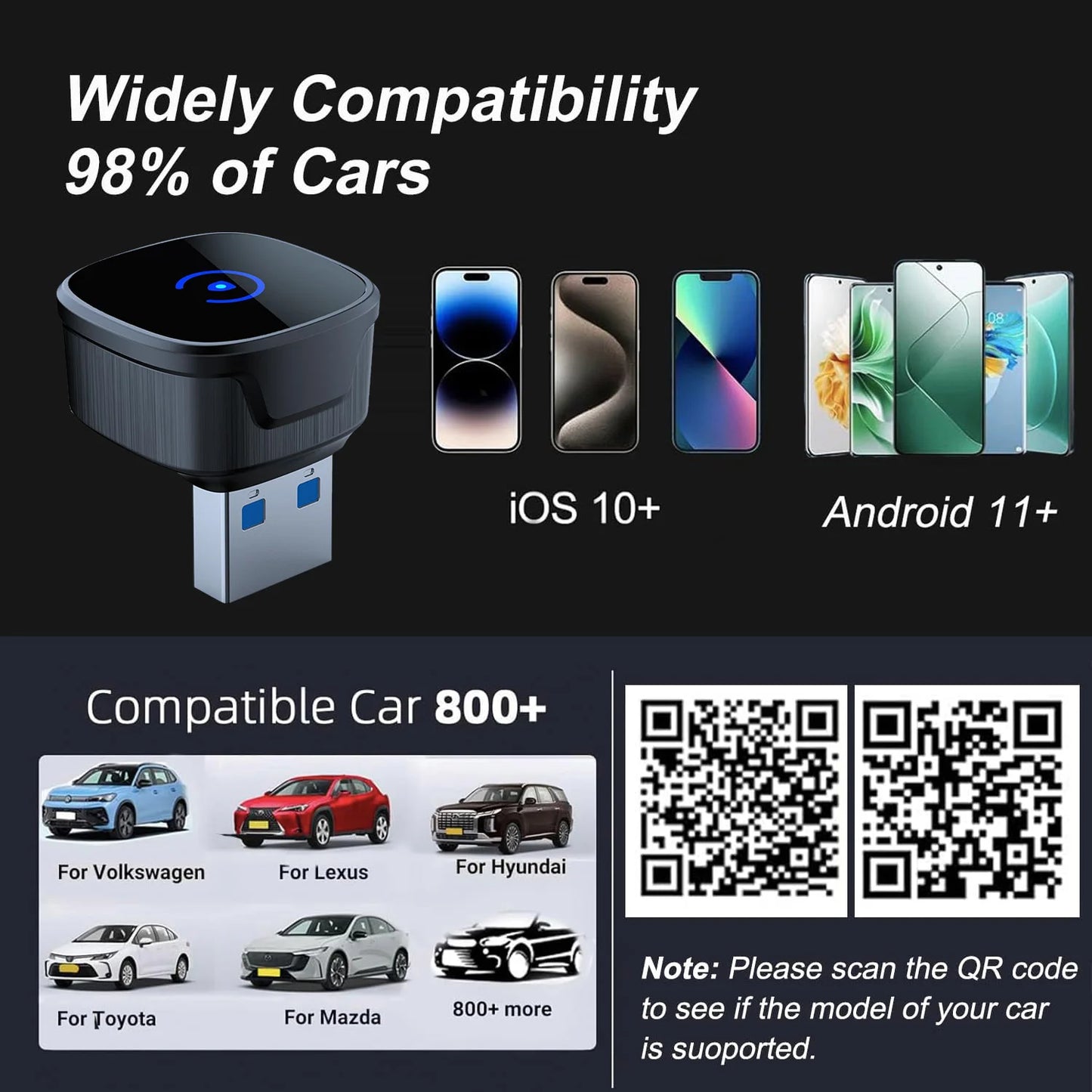 2-in-1 Wireless CarPlay & Android Auto Adapter — Universal Fit, Plug & Play for iOS and Android