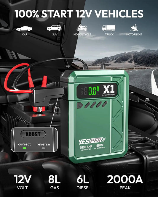 2000A Jump Starter with 150PSI Air Compressor — Tire Inflator