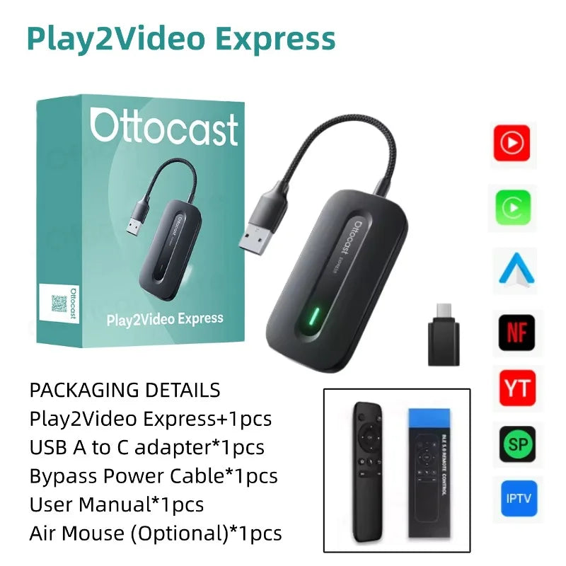 OTTOCAST Play2Video Express Wireless CarPlay & Android Auto Adapter — Streaming App Support