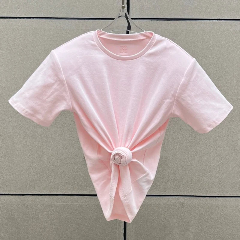 Women's t-shirt 2026 summer New elastic knitted short sleeved top 3D flower decorated round neck pullover pure cotton crop top
