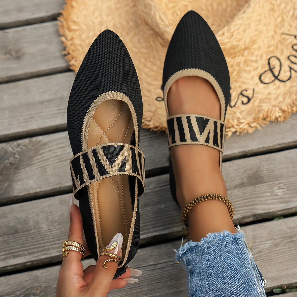 Knitted Ballet Flats for Women — Pointed-Toe Color-Block Slip-On Loafers
