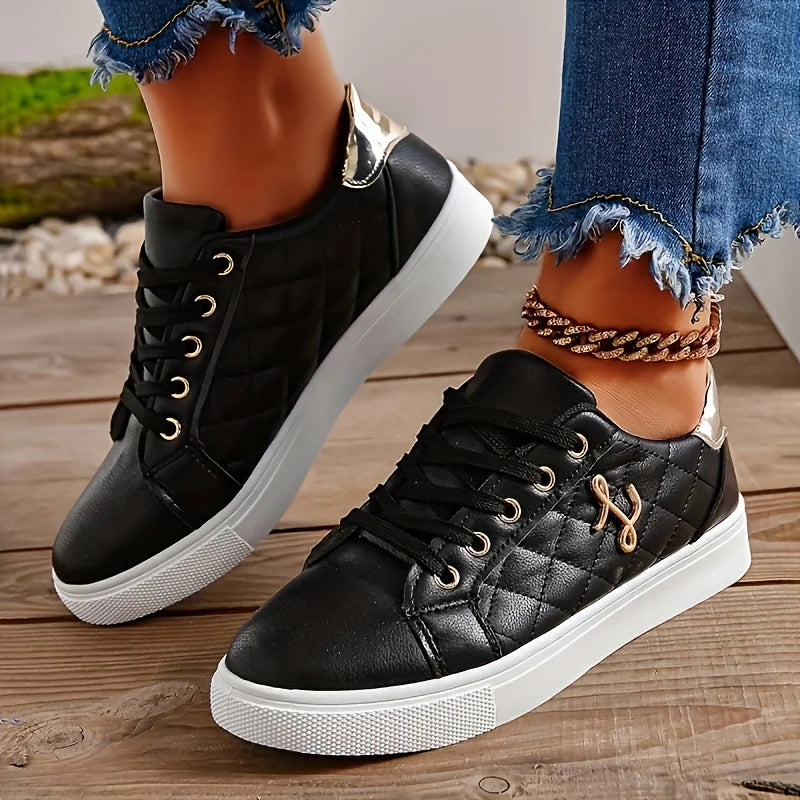 Gold-Embellished Sneakers for Women — Lightweight Lace-Up Low-Top Casual Shoes