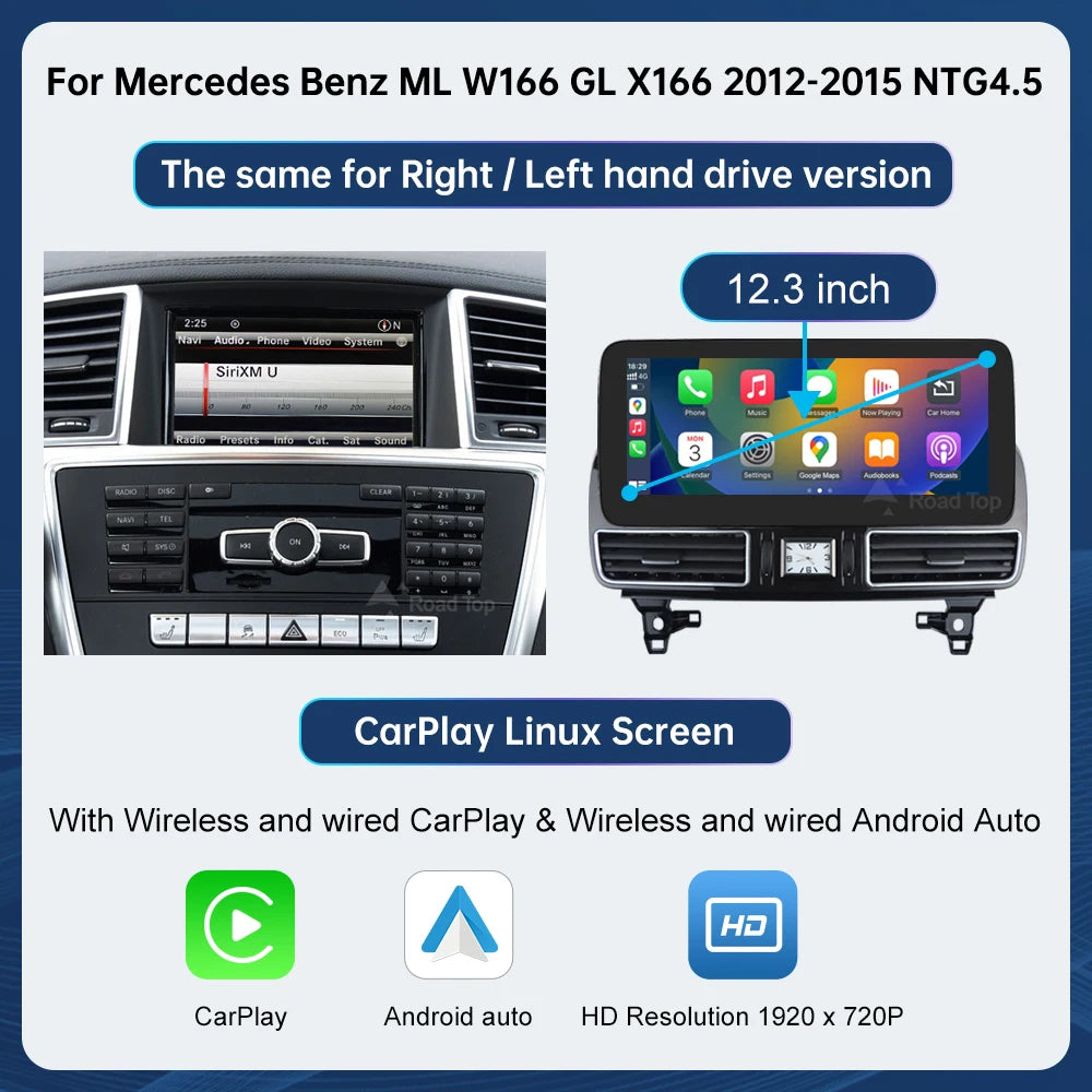 12.3'' Multimedia Display For Benz ML W166 GL X166 GLE GLS 2012-2018 Touch Screen Wireless Carplay Navigation Android Auto