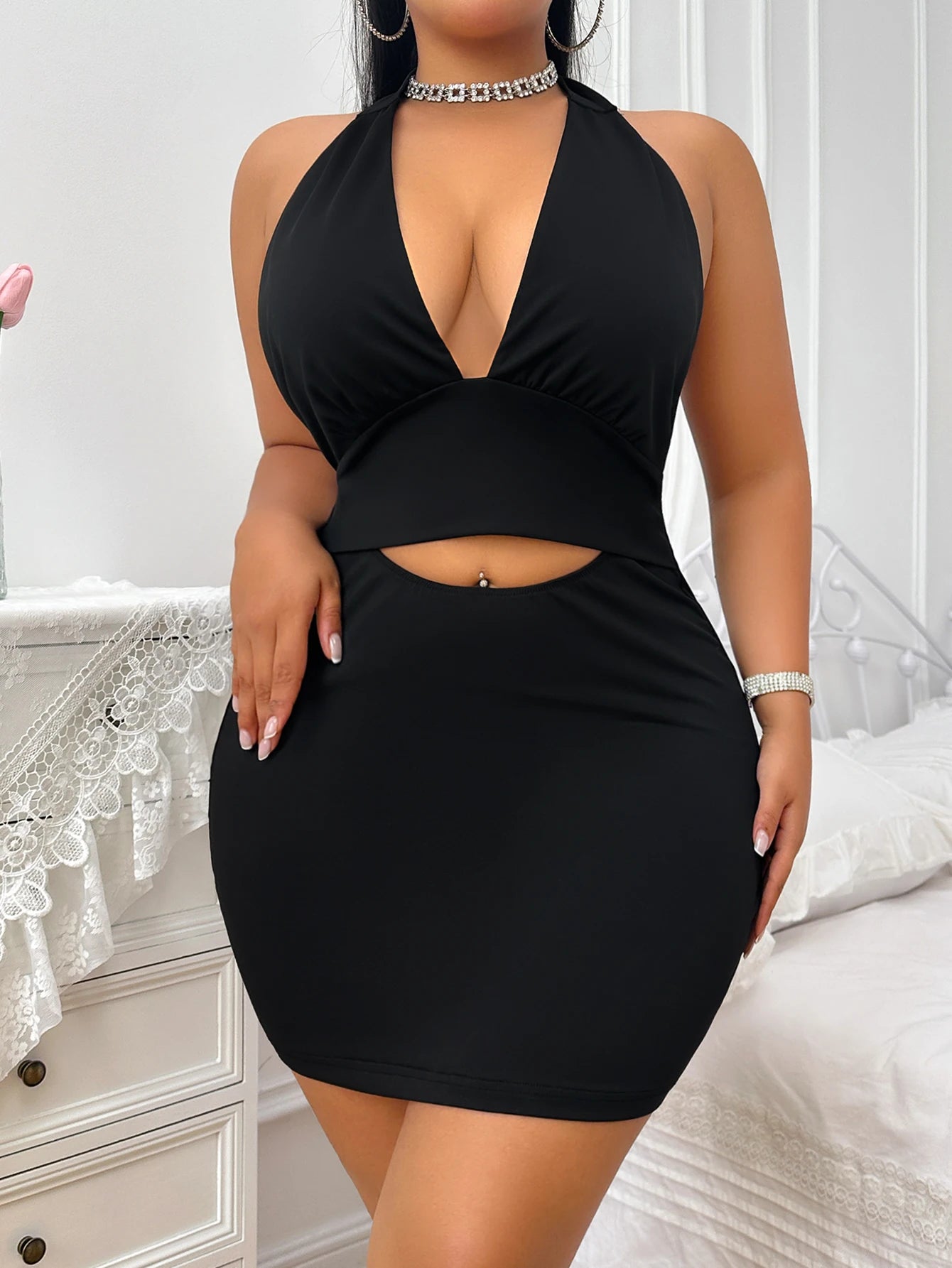 Women's sexy deep V-neck backless halter top women's spicy slim fit dress