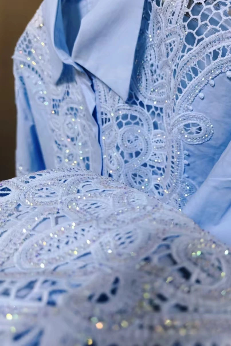 Luxury Diamonds Sequins Hollow Out Embroidery Y2K Cotton Blouses Shirts Women 2025 Autumn Lantern Sleeve Tops Camisas De Mujer