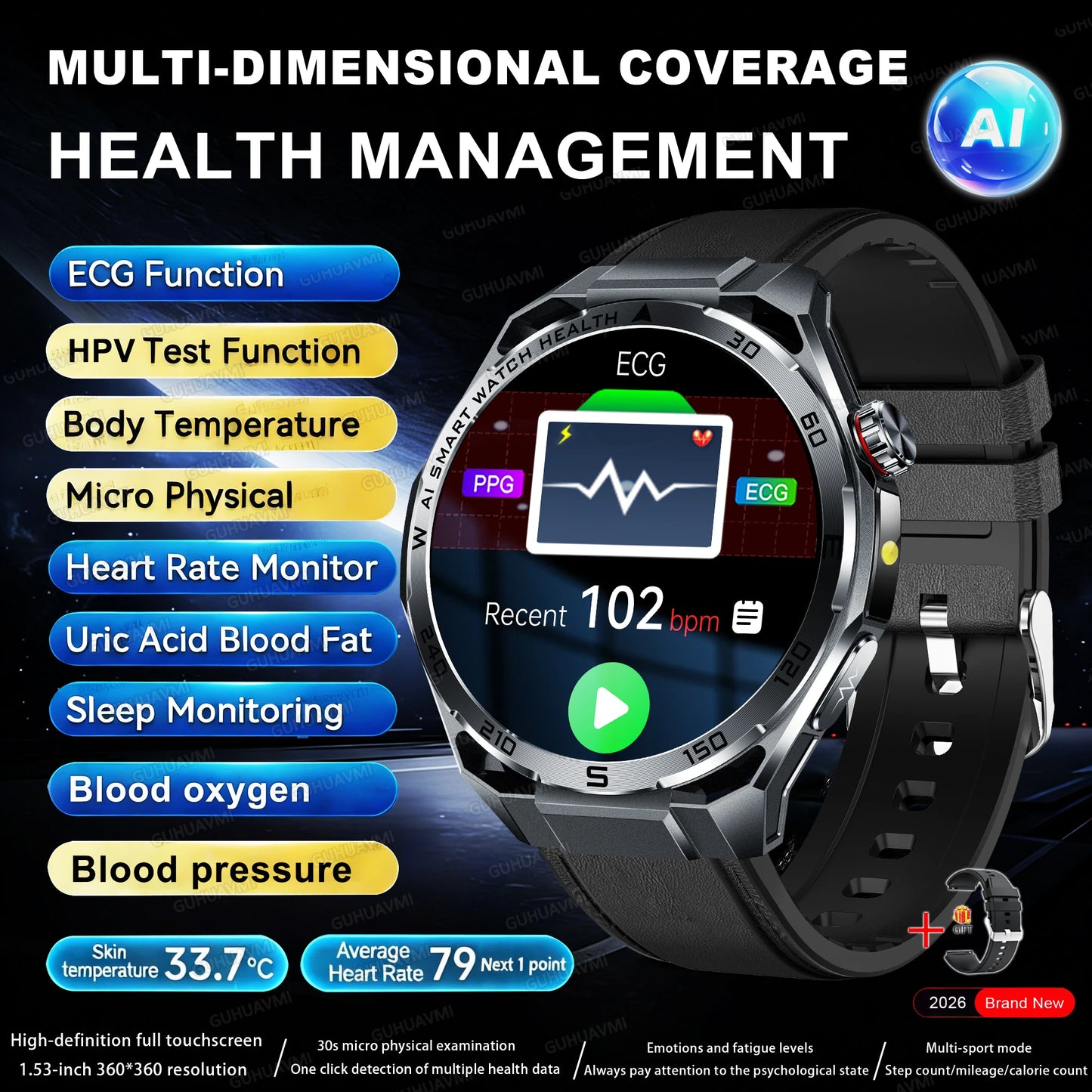 2026 New Body Fat AI Analysis Health Smart Watch ECG+PPG Uric Acid BP Blood Oxygen Call AMOLED Screen Smart Watch For Men Women