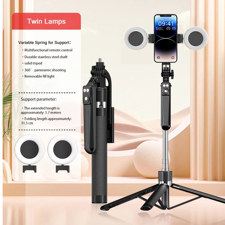 1.7M Extendable Bluetooth Selfie Stick Tripod – Wireless Remote & Fill Light for TikTok Live Streaming