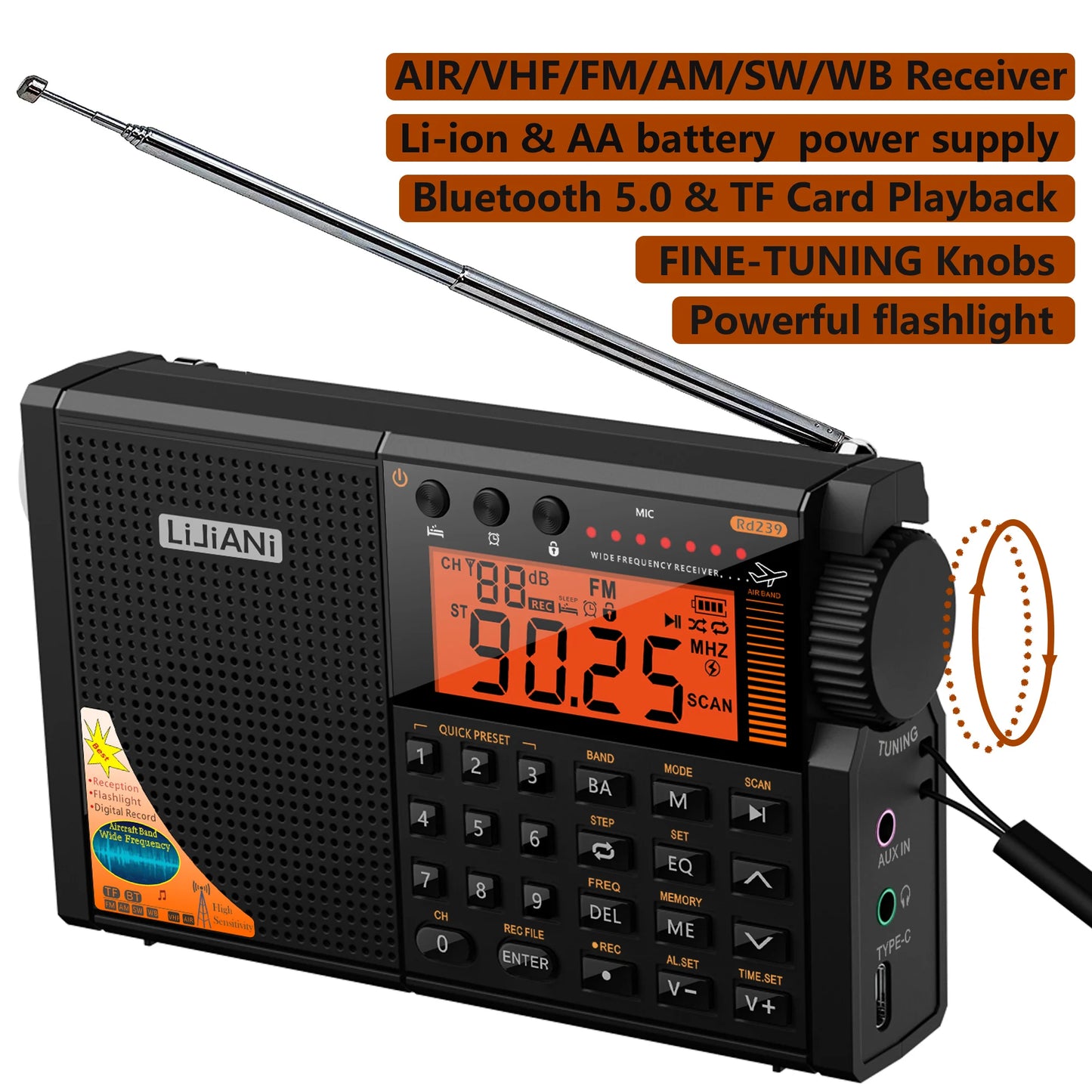 rd239 Aircraft Radio AIR/VHF/AM/FM/SW/Weather Bands Transistor with Bluetooth/TF Card/Flashlight,MP3 Player, Digital Record,